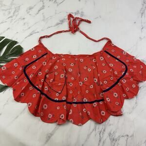 Vintage 80s Hostess Half Apron Red Blue Floral Ruffle Cottage Sweet Heart Pocket